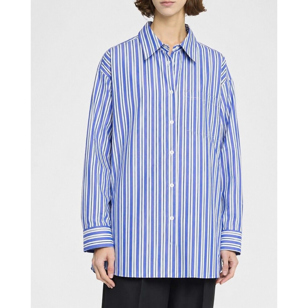 Banana Republic Womens Oversized Poplin Striped Coastal Button Up Shirt Blue NEW